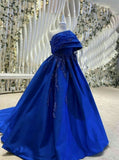 Niulatu Ball Gown Strapless Royal Blue Prom Dress With Pleated Long Satin Prom Dresses Party Dress HZ1110