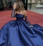 Niulatu A Line Strapless Long Sleeves Navy Blue Long Satin Party Dress Prom Dresses Evening Dress HZ1110