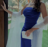 Niulatu Sheath Strapless Royal Blue Prom Dress With Pleated Long Satin Prom Dresses Party Dress HZ1110
