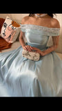 Niulatu A line Off The Shoulder Light Sky Blue Prom Dress With Beads Long Satin Prom Dresses Party Dress HZ1110