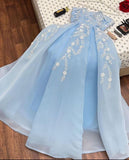 Niulatu A line Strapless Light Sky Blue Organza Prom Dress With Appliques Long Prom Dresses Party Dress HZ1110