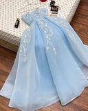 Niulatu A line Strapless Light Sky Blue Organza Prom Dress With Appliques Long Prom Dresses Party Dress HZ1110