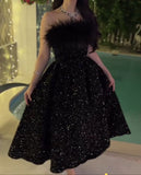 Niulatu Ball Gown Strapless Black Sequin Prom Dress Long Prom Dresses Party Dress With Feather HZ1110