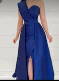 Niulatu A line One Shoulder Royal Blue Satin Long Party Dress Prom Dresses Evening Dress HZ1110