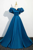 Niulatu A line Off The Shoulder Blue Satin Long Party Dress Prom Dresses Evening Dress HZ1110