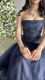 Niulatu Mermaid Strapless Navy Blue Evening Dress Long Prom Dresses Party Dress With Beads HZ1110