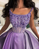 Niulatu A Line Spaghetti Straps Lilac Satin Long Party Dress Prom Dresses Evening Dress HZ1110