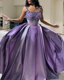 Niulatu A Line Spaghetti Straps Lilac Satin Long Party Dress Prom Dresses Evening Dress HZ1110