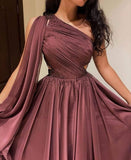 Niulatu A Line One Shoulder Brown Satin Long Party Dress Prom Dresses Evening Dress HZ1110