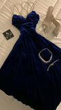 Niulatu A Line Royal Blue Velvet Slit Long Prom Dress Evening Dresses HZ1110
