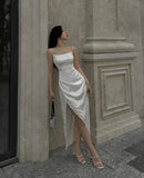Niulatu A Line Spaghetti Straps Ivory Slit Long Prom Dress Evening Dresses HZ1110