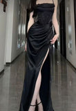 Niulatu Sheath Spaghetti Straps Black Slit Long Prom Dress Evening Dresses HZ1110