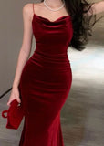 Niulatu Sheath Spaghetti Straps Red Velvet Long Prom Dress Evening Dresses HZ1110