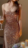 Niulatu Sheath Spaghetti Straps Slit Sequin Long Prom Dress Evening Dresses HZ1110