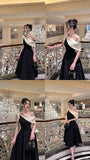Niulatu A Line One Shoulder Black Satin Bow Prom Dress Evening Dresses HZ1110