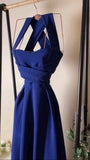 Niulatu A Line Halter Royal Blue Satin Prom Dress Evening Dresses With Ruffles HZ1110