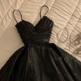 Niulatu A Line Spaghetti Straps Black Satin Long Prom Dress Evening Dresses HZ1110