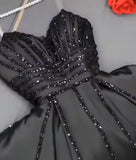 Niulatu A Line Spaghetti Straps Black Satin Long Prom Dress Evening Dresses HZ1110