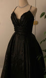 Niulatu A Line Spaghetti Straps Black Satin Long Prom Dress Evening Dresses HZ1110