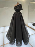 Niulatu A line One Shoulder Black Long Prom Dress Evening Dresses With Ruffles HZ1110