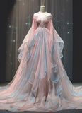 Niulatu Ball Gown Off The Shoulder Pink Chiffon Long Prom Dress Evening Dresses HZ1110