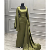 Niulatu Sheath Square Neckline Olive Green Satin Long Prom Dress Evening Dresses With Ruffles HZ1110