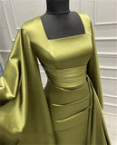 Niulatu Sheath Square Neckline Olive Green Satin Long Prom Dress Evening Dresses With Ruffles HZ1110
