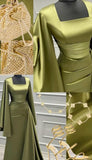 Niulatu Sheath Square Neckline Olive Green Satin Long Prom Dress Evening Dresses With Ruffles HZ1110