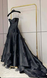 Niulatu A line Sweetheart Black Satin Prom Dress Evening Dresses With Flowers HZ1110