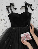 Niulatu A line Straps Velvet Black Top Tulle Prom Dress Evening Dresses HZ1110