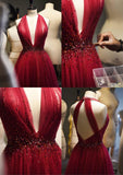 Niulatu A Line V Neckline Red Tulle Long Prom Dress Evening Dresses With Beads HZ1110