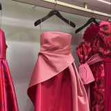 Niulatu A Line Spaghetti Straps Pink Satin Long Prom Dress Evening Dresses With Pleated HZ1110