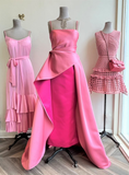 Niulatu A Line Spaghetti Straps Pink Satin Long Prom Dress Evening Dresses With Pleated HZ1110