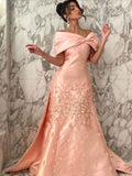 Niulatu Mermaid Off The Shoulder Pink Satin Long Prom Dress Evening Dresses With Appliques HZ1110