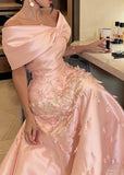 Niulatu Mermaid Off The Shoulder Pink Satin Long Prom Dress Evening Dresses With Appliques HZ1110