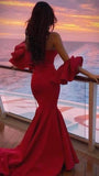 Niulatu Mermaid Strapless Red Satin Long Prom Dress Evening Dresses With Sleeves HZ1110