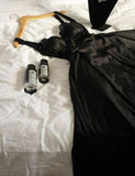 Niulatu A Line Spaghetti Straps Black Satin Long Prom Dress Evening Dresses With Lace HZ1110