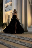 Niulatu Ball Gown Strapless Black Sequin Long Prom Dress Evening Dresses With Ruffles HZ1110