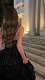 Niulatu Ball Gown Strapless Black Sequin Long Prom Dress Evening Dresses With Ruffles HZ1110