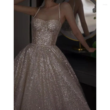 Niulatu A Line Spaghetti Straps Silver Sequin Long Prom Dress Evening Dresses HZ1110