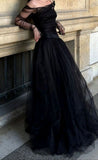 Niulatu Ball Gown Off The Shoulder Black Tulle Long Prom Dress Evening Dresses With Ruffles HZ1110