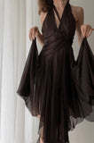 Niulatu A Line Halter Brown Chiffon Long Prom Dress Evening Dresses HZ1110