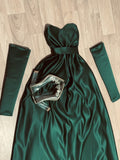 Niulatu A Line Sweetheart Dark Green Satin Long Prom Dress Evening Dresses With Sleeves HZ1110