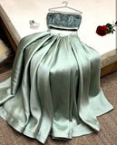 Niulatu A Line 2 Pieces Strapless Mint Green Satin Long Prom Dress Evening Dresses With Beads HZ1110