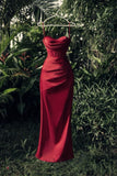 Niulatu Sheath Strapless Satin Slit Sleeveless Burgundy Evening Dress Prom Dresses HZ1110