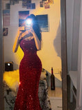 Niulatu Sheath Spaghetti Straps Red Sequin Long Evening Dress Prom Dresses HZ1110