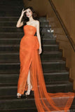 Niulatu Sheath Strapless Orange Tulle Slit Long Evening Dress Prom Dresses HZ1110