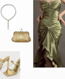 Niulatu Mermaid Spaghetti Straps Green Satin Ruffles Evening Dress Prom Dresses HZ1110
