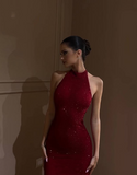 Niulatu Sheath High Neckline Sequin Red Long Evening Dress Prom Dresses HZ1110
