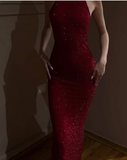 Niulatu Sheath High Neckline Sequin Red Long Evening Dress Prom Dresses HZ1110
